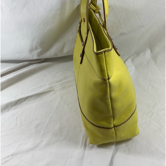 Genuine vintage FOSSIL bright yellow leather tote bag with  key fob - Picture 3 of 15